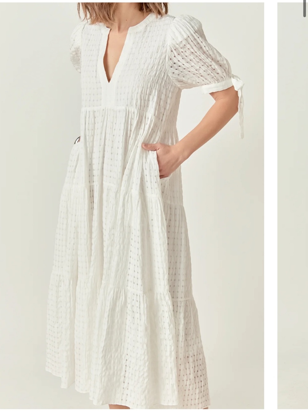English factory white gingham tiered flowy midi dress tie sleeves sz m